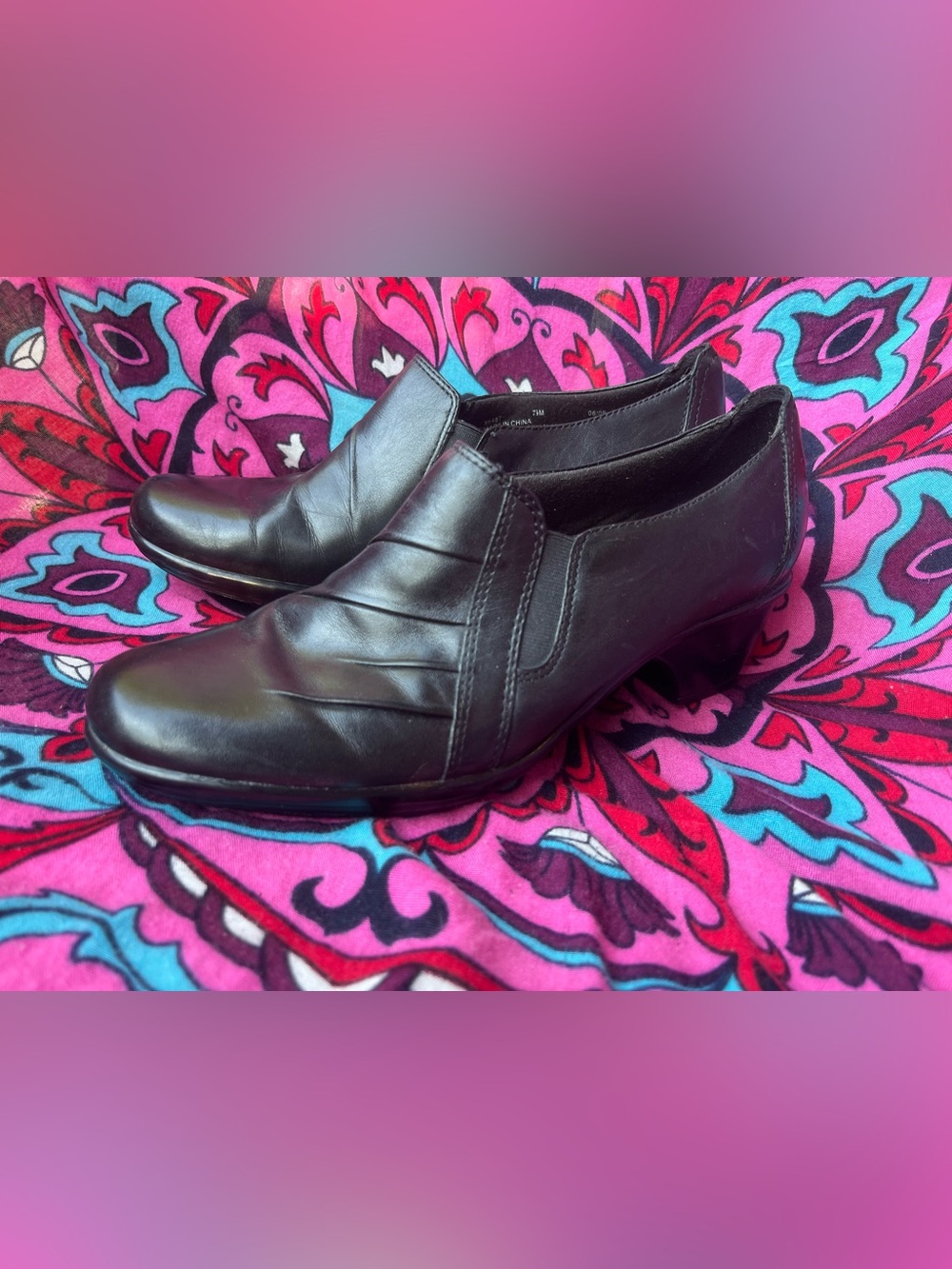 Clarks Black Leather Low Block Heel Slip-On Pumps